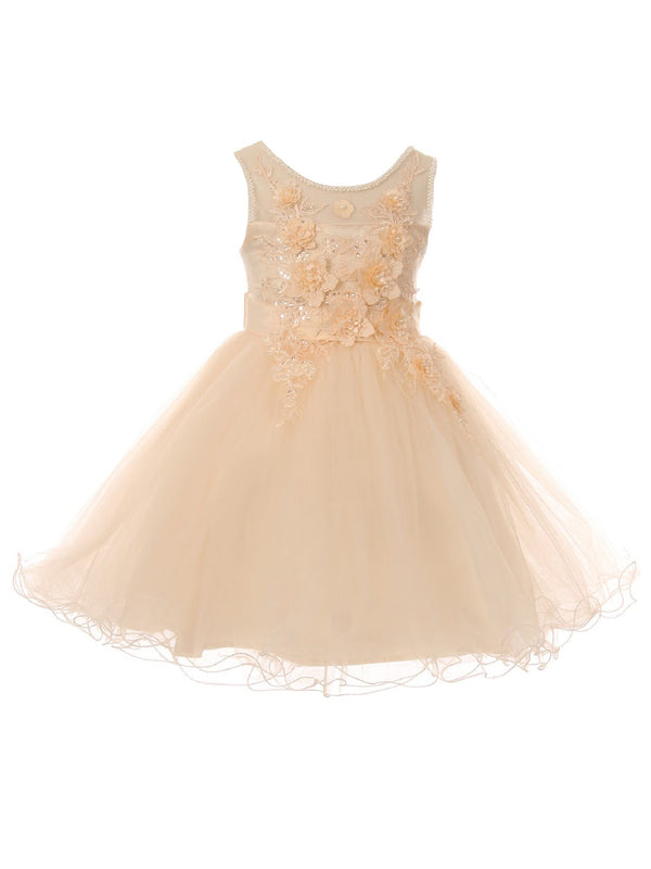 Big Girls Champagne 3D Floral Sequin Wired Tulle Junior Bridesmaid Dress 8-12 - SophiasStyle.com